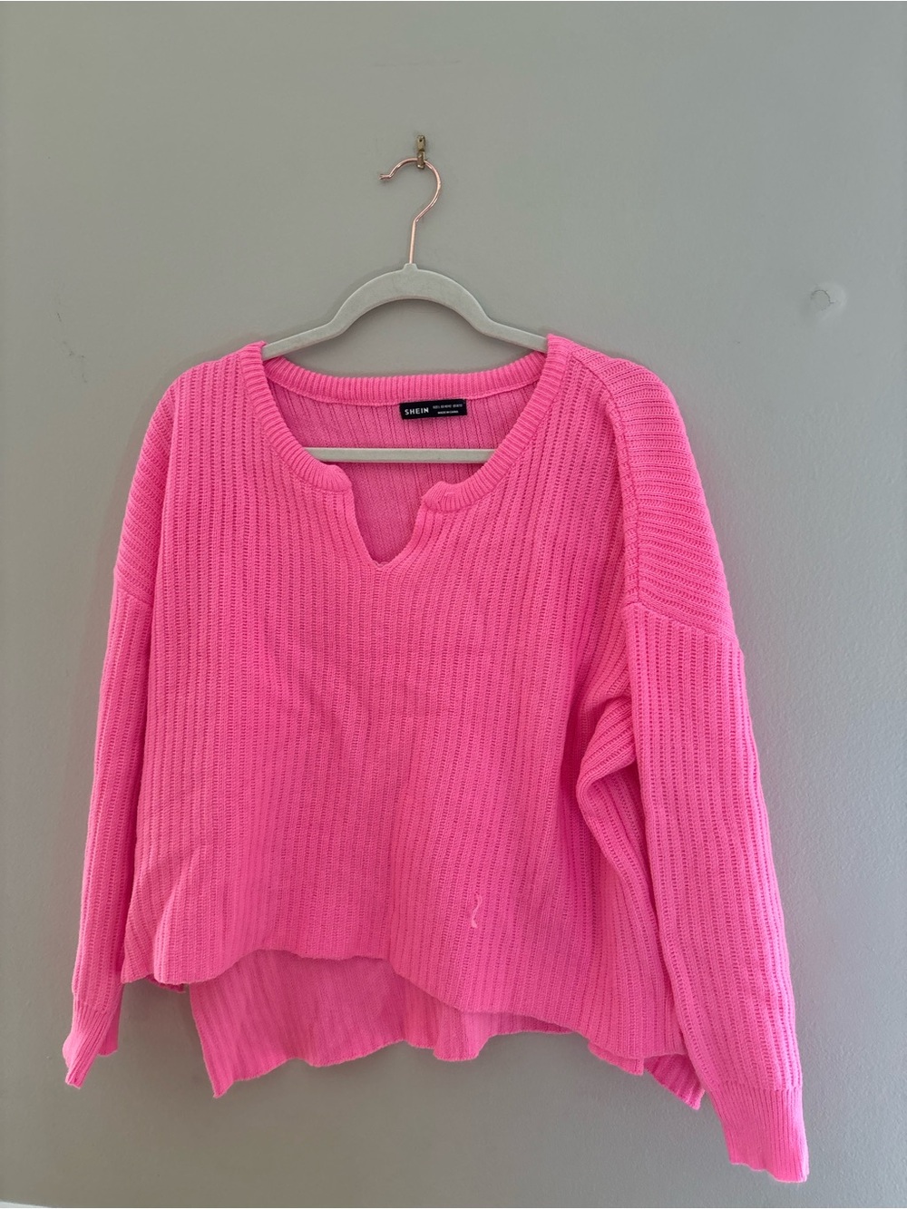 SHEIN Hot Pink Ribbed V-Notch Sweater